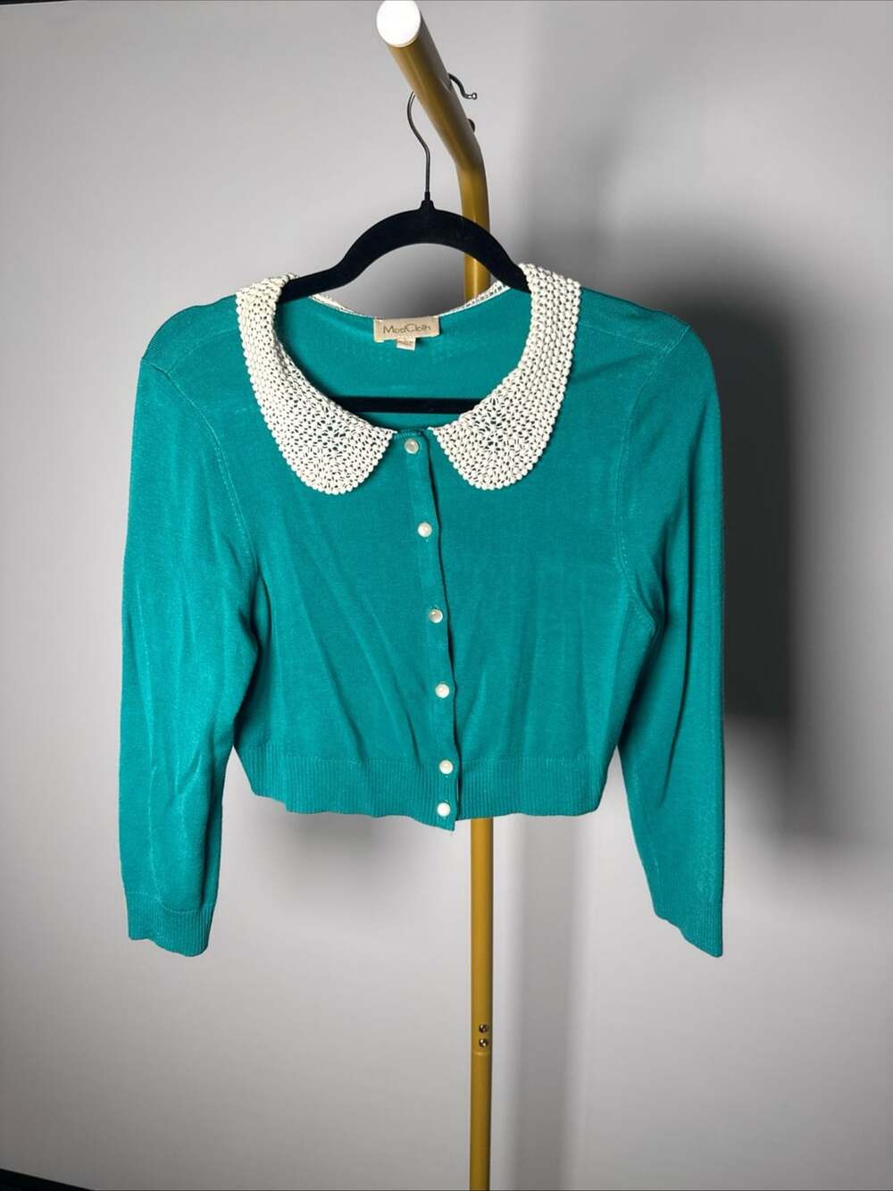 ModCloth Crop Cardigan Size L Teal Crochet Collar Sweater - Picture 5 of 5